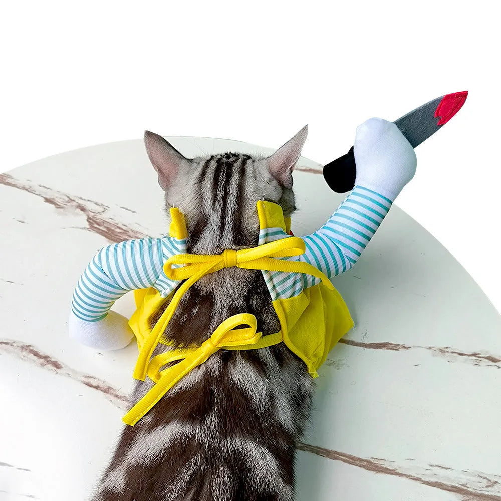 Yellow knife assassin themed cat clothing costume in B02405 colour available in S M L XL sizes