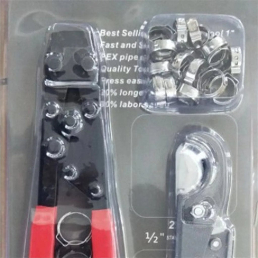 Red cloth PEX clamp set with metal construction and carbon steel cutting edges