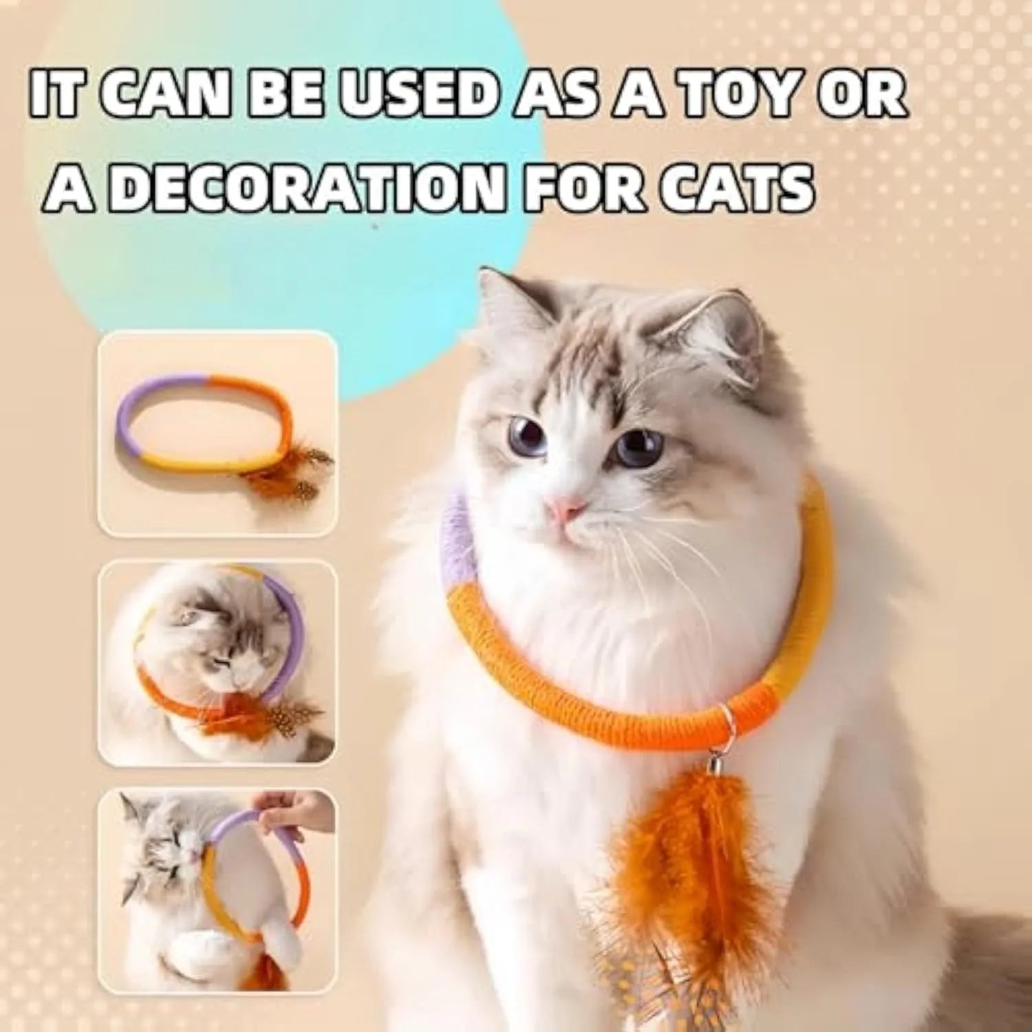 Green and purple cotton rope circular cat toys with feathers and catnip for indoor feline play