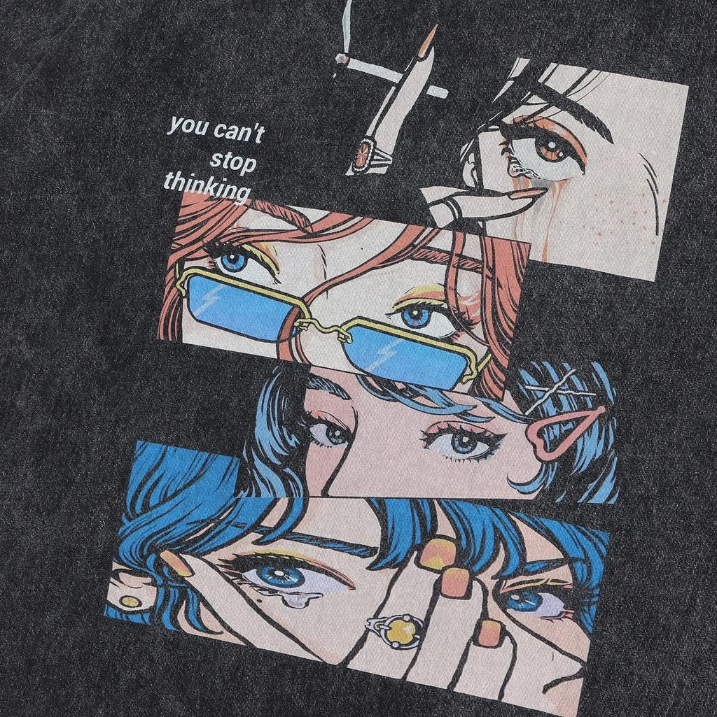 Men's black cotton t-shirt with retro cartoon graphic print in loose streetwear style