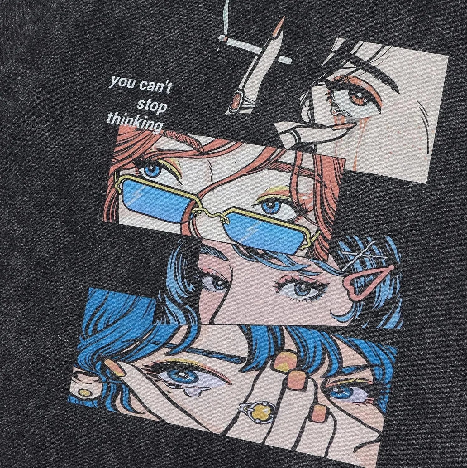 Men's black cotton t-shirt with retro cartoon graphic print in loose streetwear style