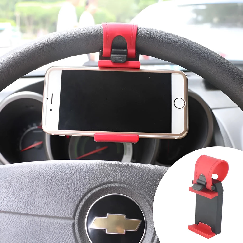 Black steering wheel phone holder with silicone pad for smartphone protection measuring 75x40x25mm