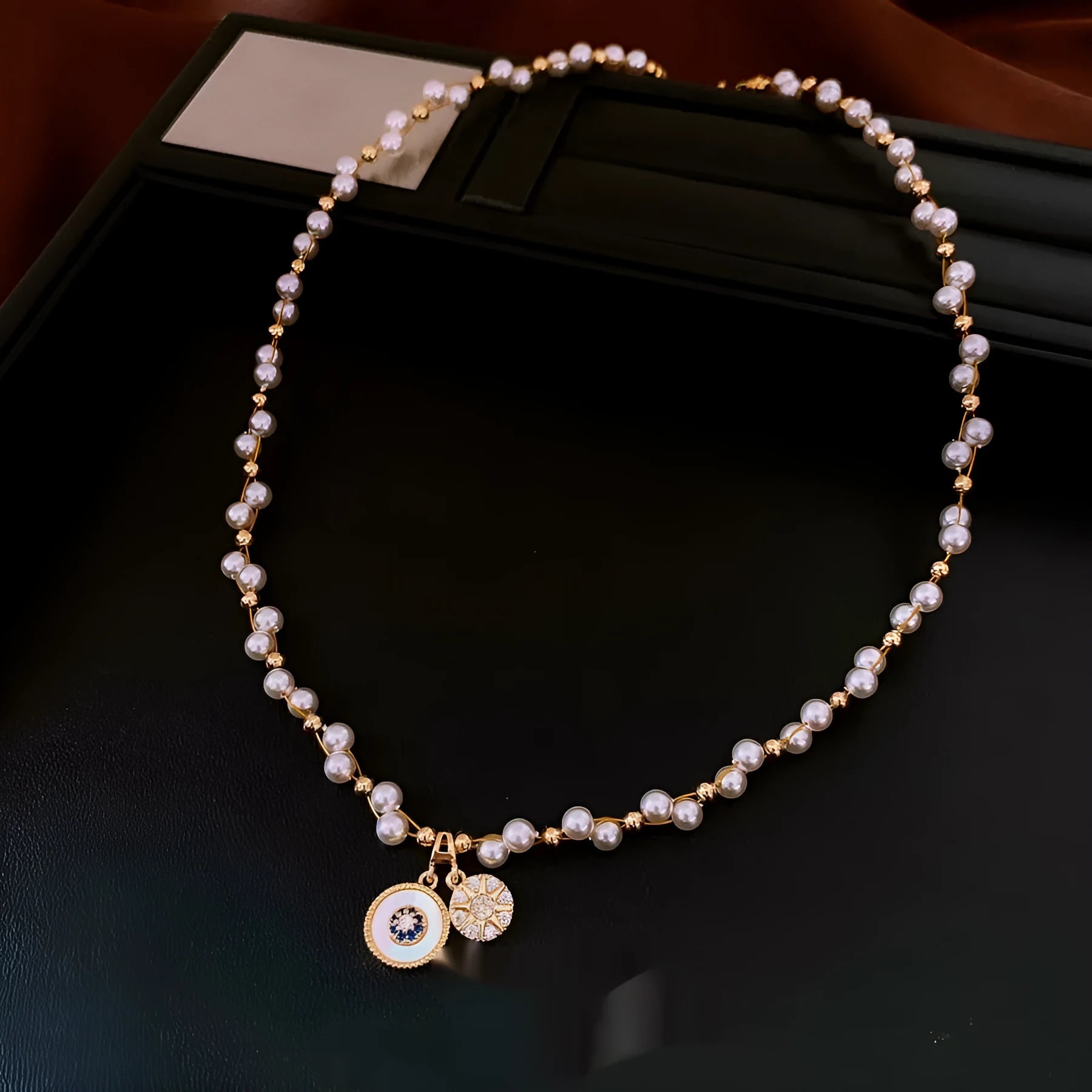 Real gold electroplated zircon pearl round pendant necklace on adjustable 41-50cm clavicle chain