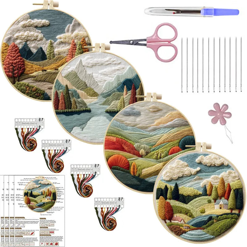 Landscape embroidery DIY kit with printed cotton fabric, bamboo frame, embroidery thread and needles
