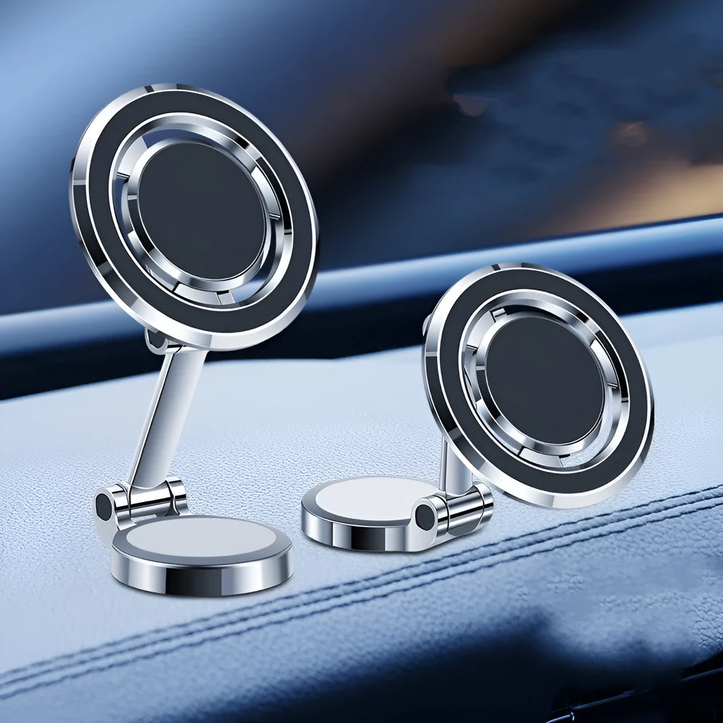 Obsidian black car mobile phone holder with flexible clip and 360-degree rotating bracket mounted on a dashboard.