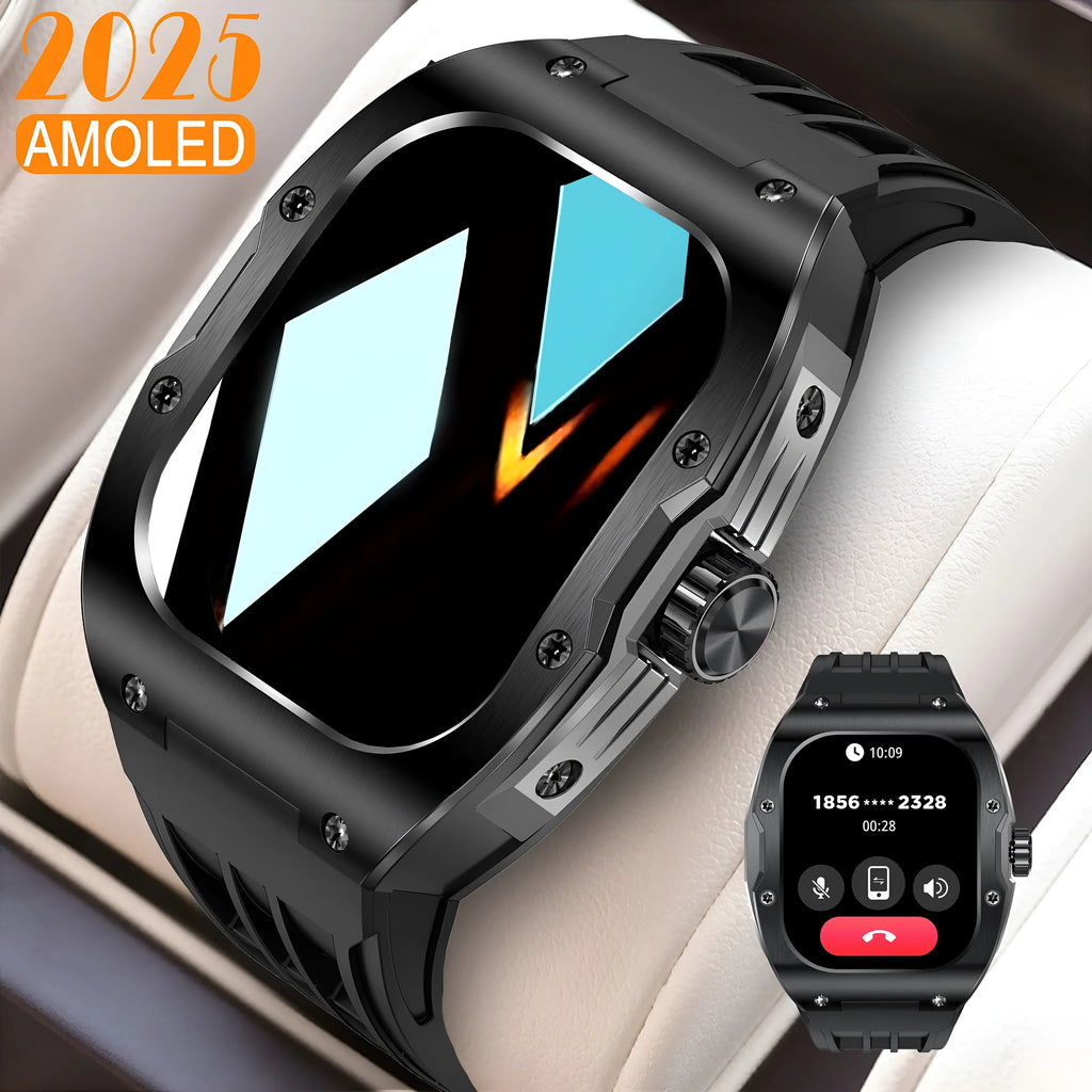 Men's black smart watch with AMOLED screen on a blue strap, showing fitness stats.