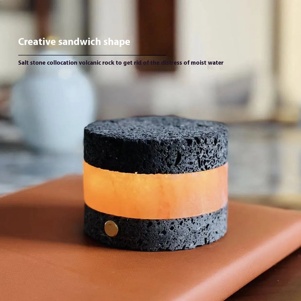 Orange volcanic rock USB night lamp with touch dimming and essential oil well, measuring 9cm by 7.5cm.