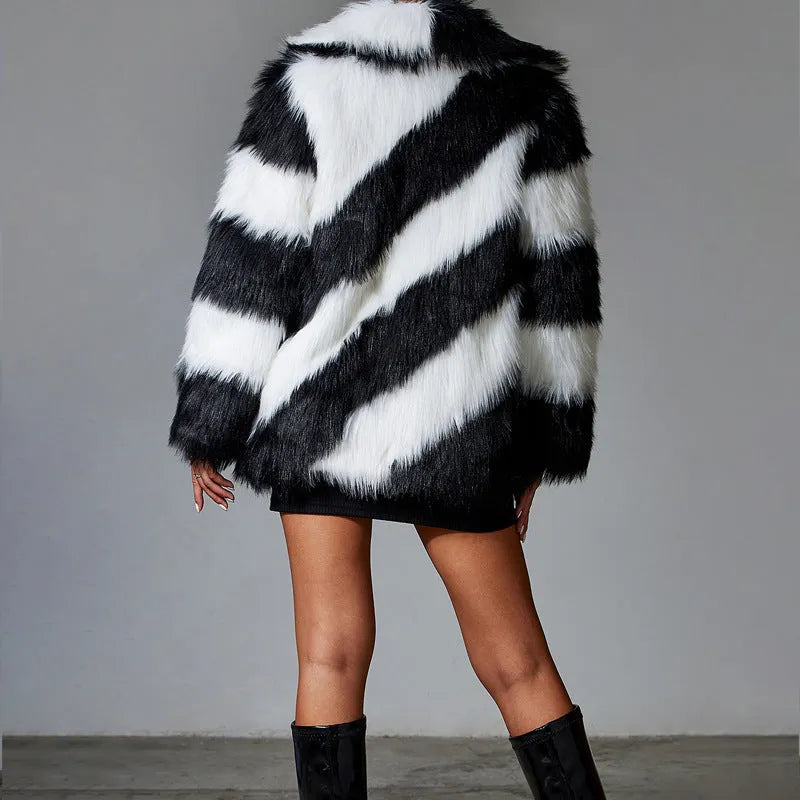 Lapel contrast colour faux fur coat with a textured fur collar, shown in a normal 50cm length.