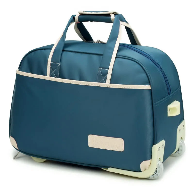 Oxford Pull Rod Nylon Waterproof Large Capacity Travel Bag for Business and Leisure, Solid Colour with Colour Blocking, Available in 20- or 24-Inch Size, 36-55 Litre Capacity, in Purple, Lake Blue, Black, Brown, Rose Red, or Dark Blue with Black Wheels