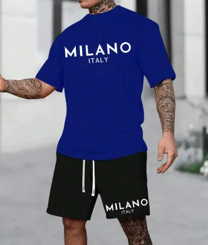 Polyester pullover suit set with round neck short sleeve top and matching shorts in five colour options