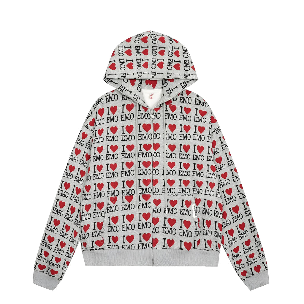 Women's grey cotton hooded cardigan sweater with a retro autumn pattern, shown in a street-fashion style.