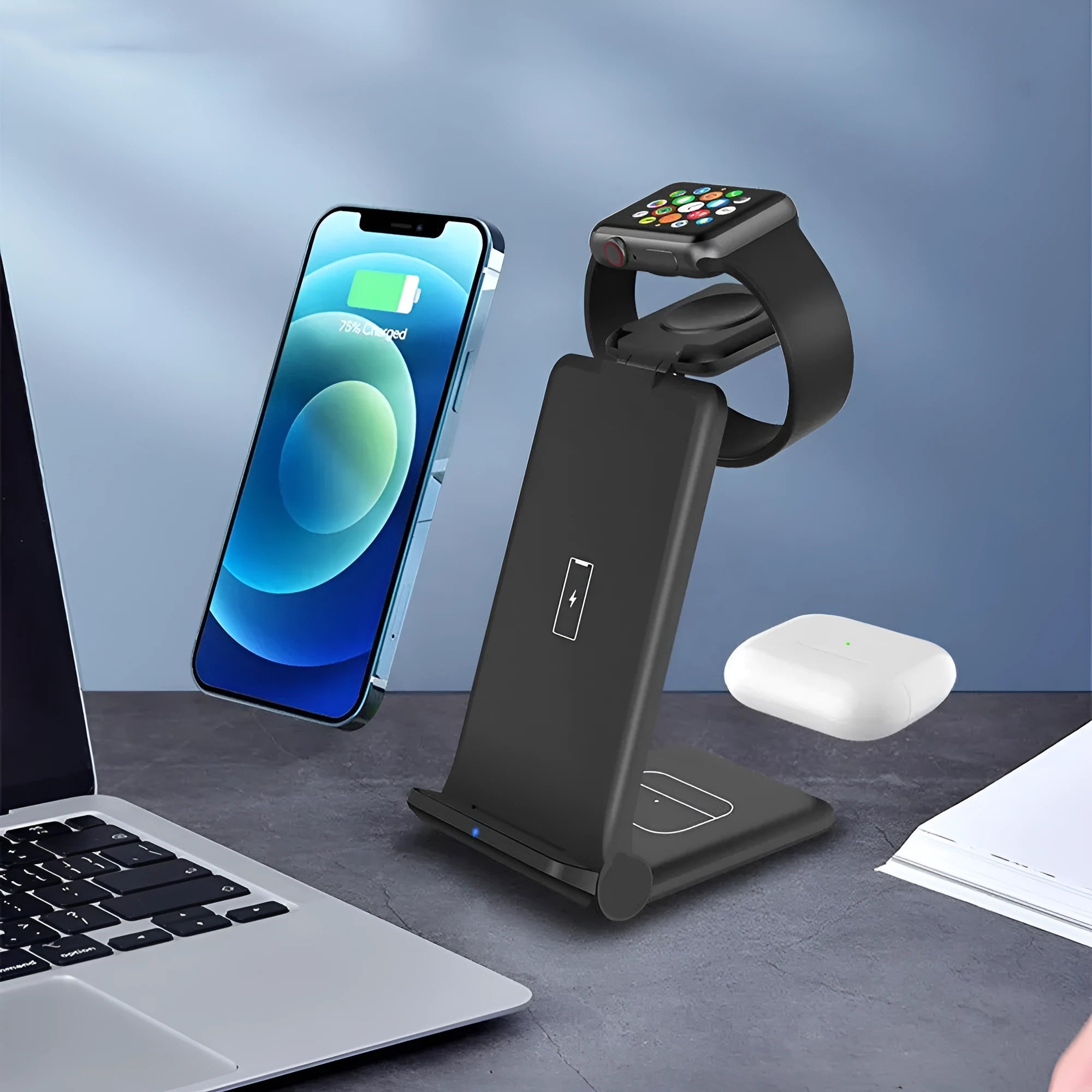 White foldable 3-in-1 wireless charging station showing phone, watch and earbuds charging simultaneously