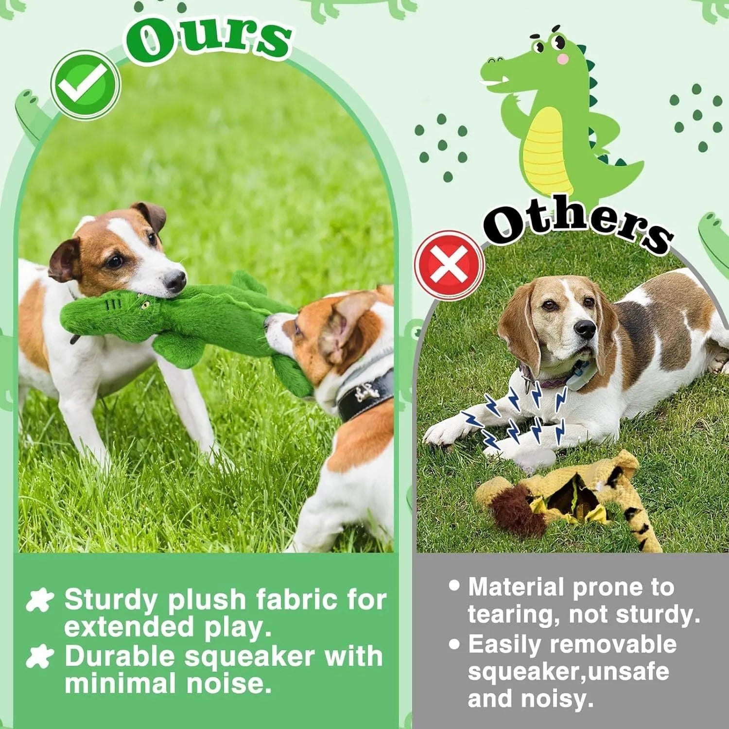 Green crocodile squeaky dog toy with no stuffing, crinkle paper tail, for aggressive chewers