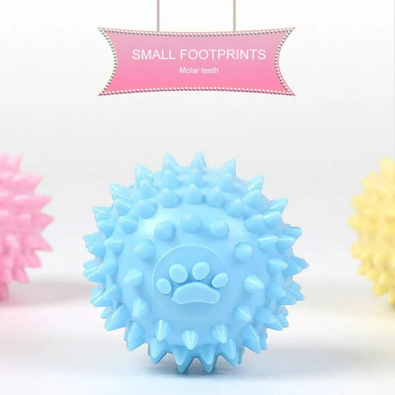 6cm diameter blue TPR pet chewing ball with textured sides for dental cleaning