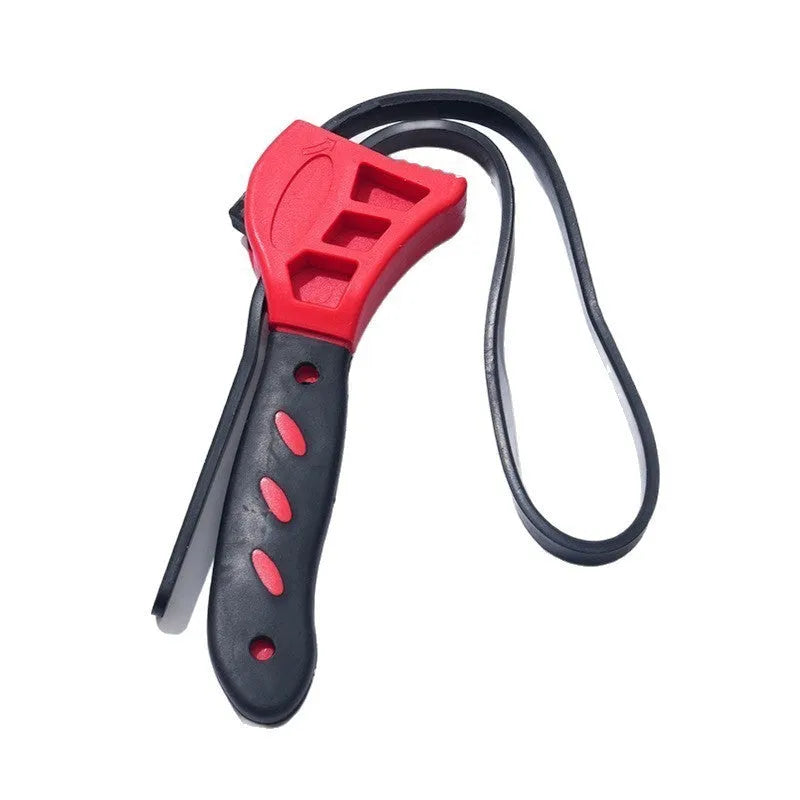 A 6-inch and an 8-inch adjustable rubber strap wrench with steel handles, laid side by side.