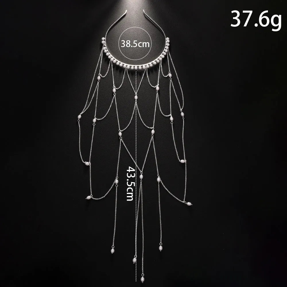 Gold mesh tassel hair chain for women with pearl construction and electroplated finish