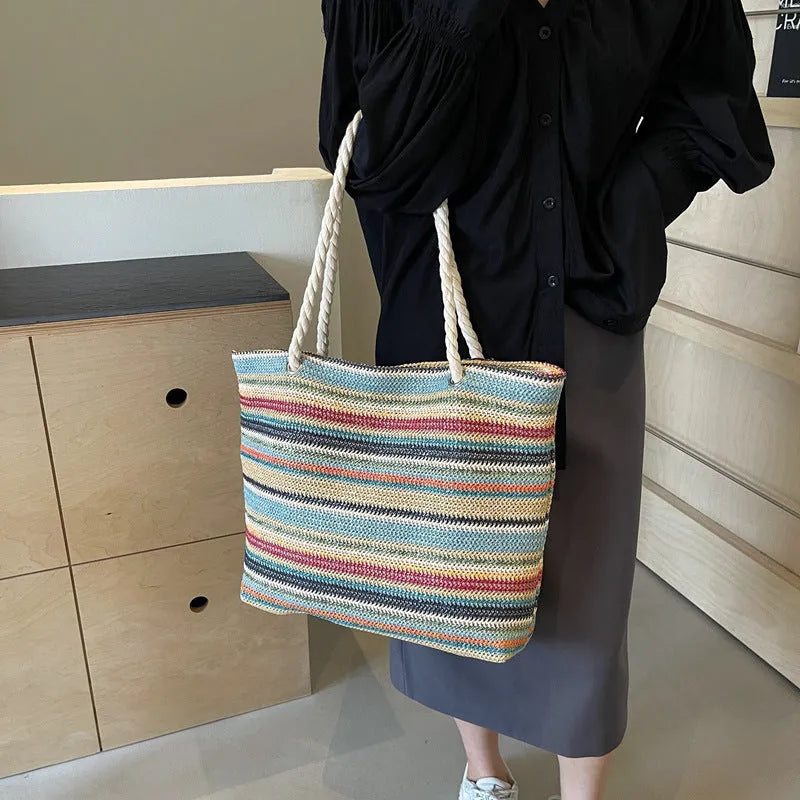 Blue straw woven nylon shoulder bag with polyester lining and single-shoulder strap