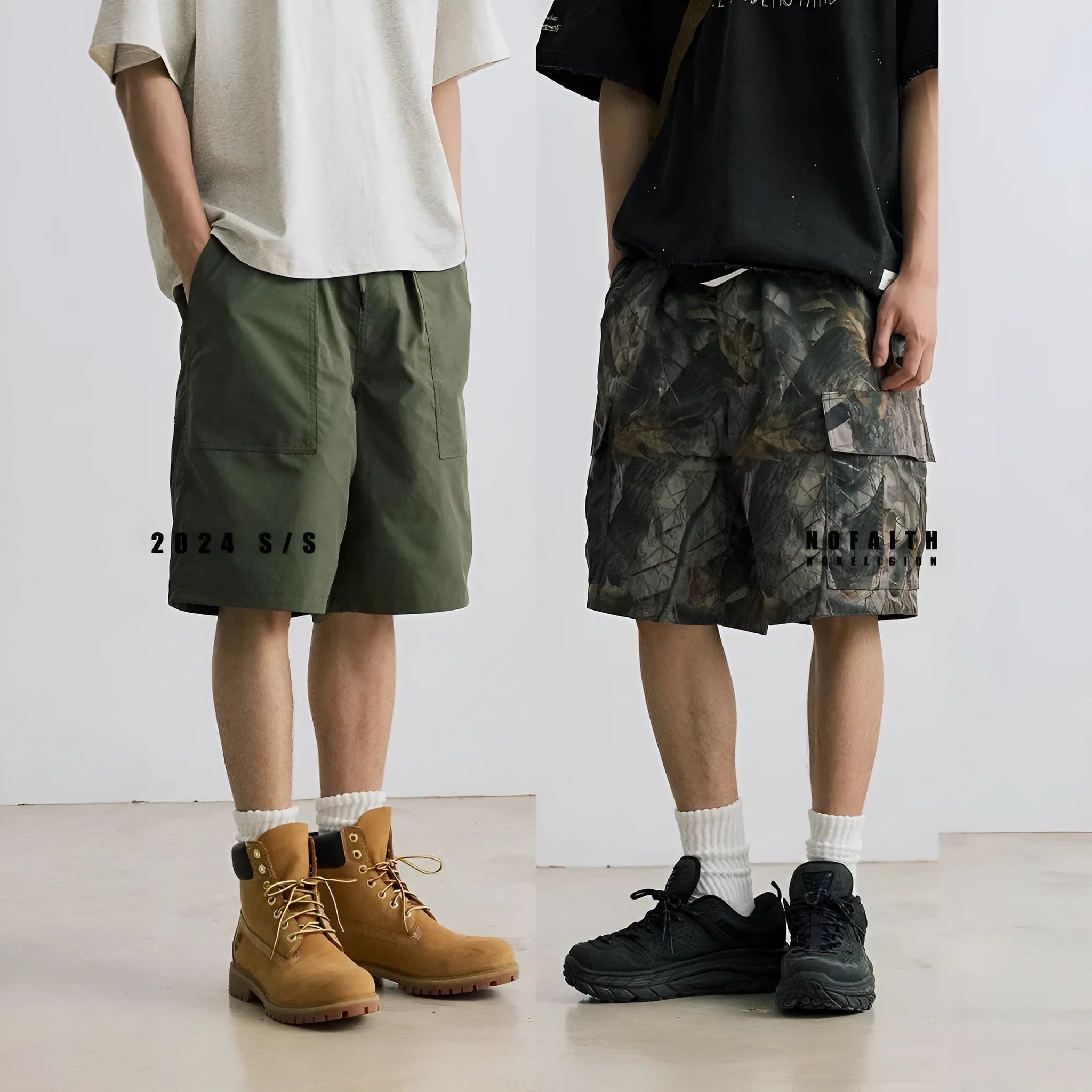 Loose casual straight-leg denim shorts with elasticated mid waist in black and army green colours