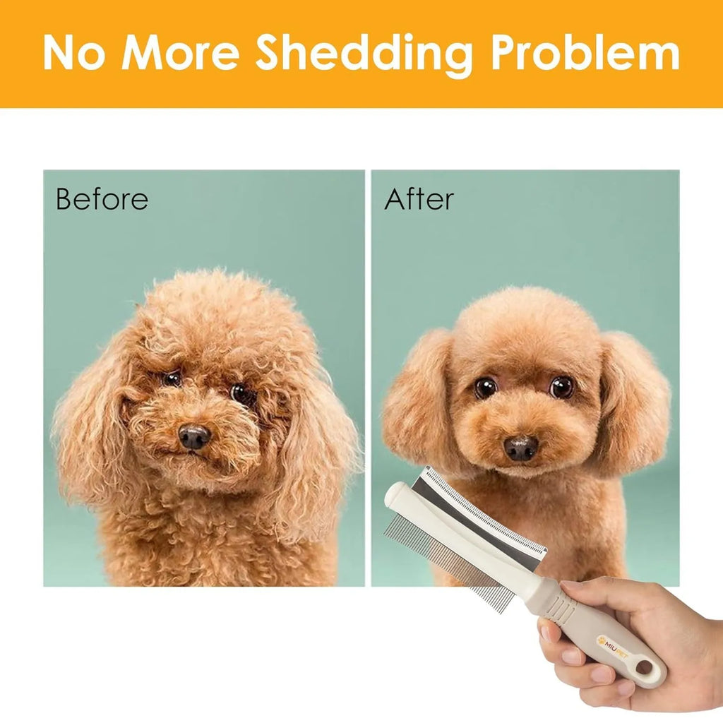 White double-sided dog and cat brush showing a grooming comb and deshedding brush head with a curved handle.