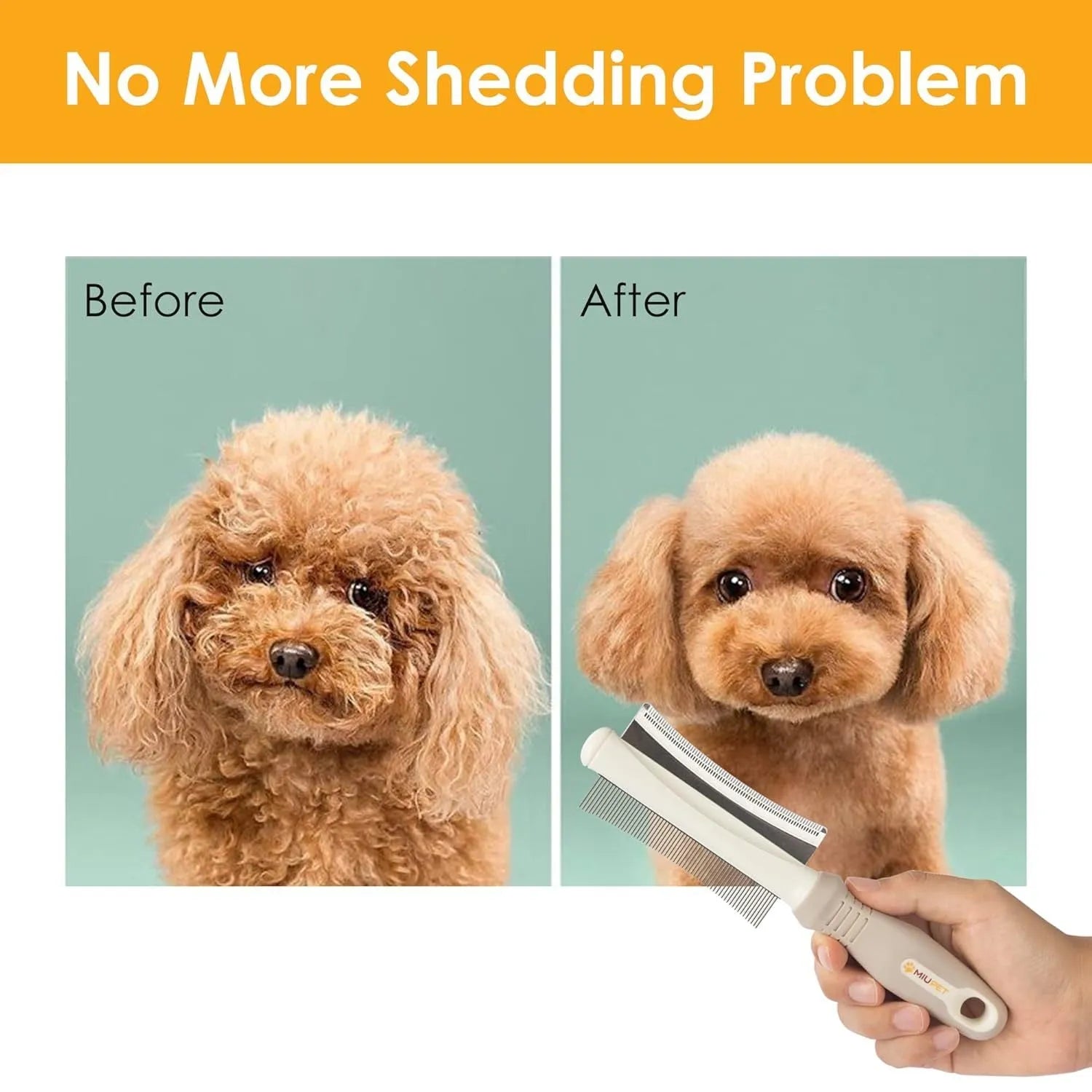 White double-sided dog and cat brush showing a grooming comb and deshedding brush head with a curved handle.