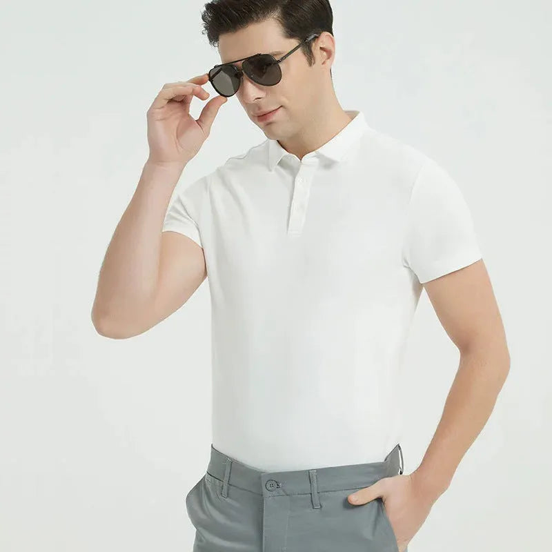 230g double-sided cotton non-ironing air layer polo shirt for men short sleeve solid colour top in black