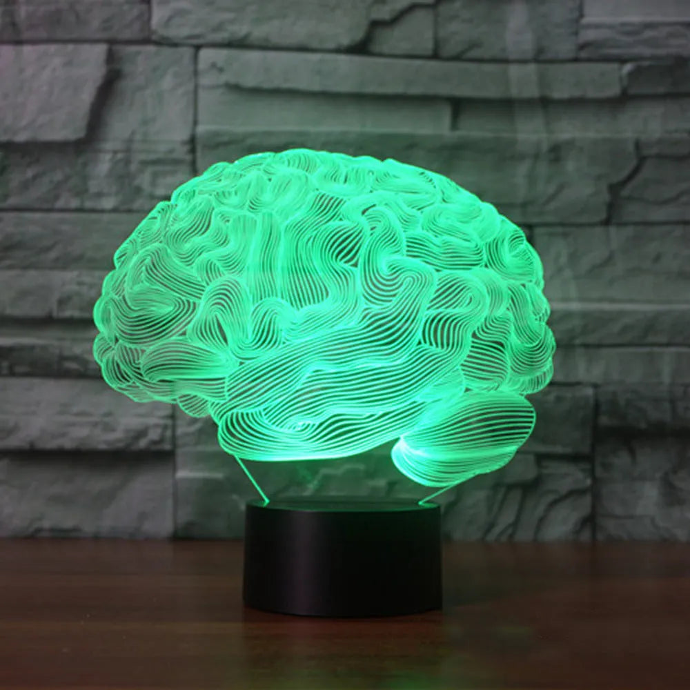 Brain design 3D acrylic LED desk lamp with remote control on a wooden surface