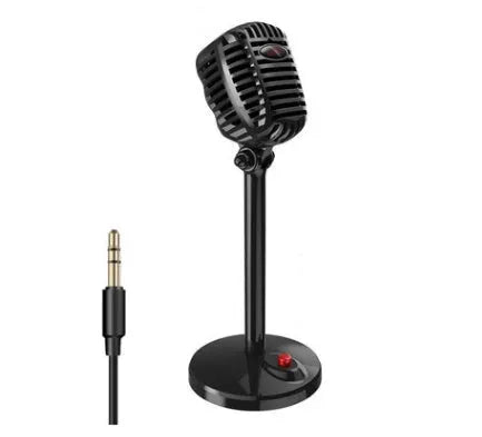Black USB desktop computer microphone on a stable stand with an adjustable neck.