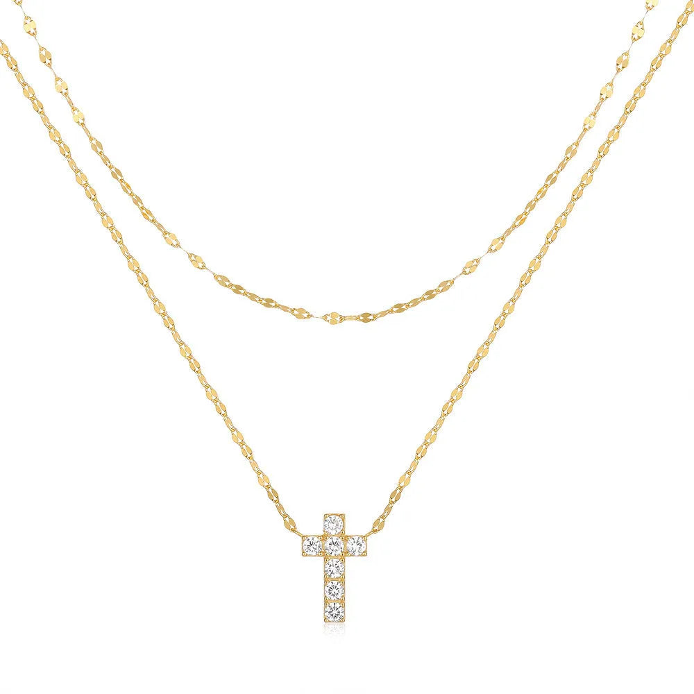Sterling silver double layer cross pendant necklace with diamond cut treatment on clavicle chain