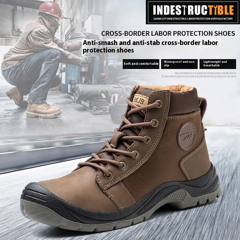 Lightweight labour protection safety shoes in orange, grey, green, and yellow colours with leather upper and rubber sole
