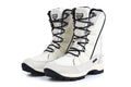 Black women's mid-calf leather snow boots with a round toe and thick rubber sole on a white background.