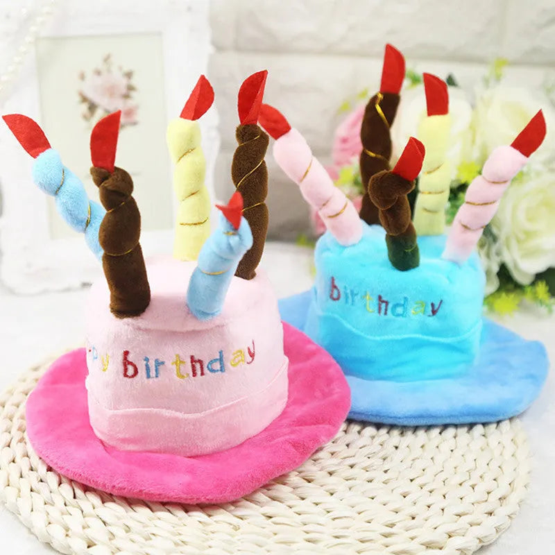 Blue or pink birthday party hat for a small to medium-sized dog.