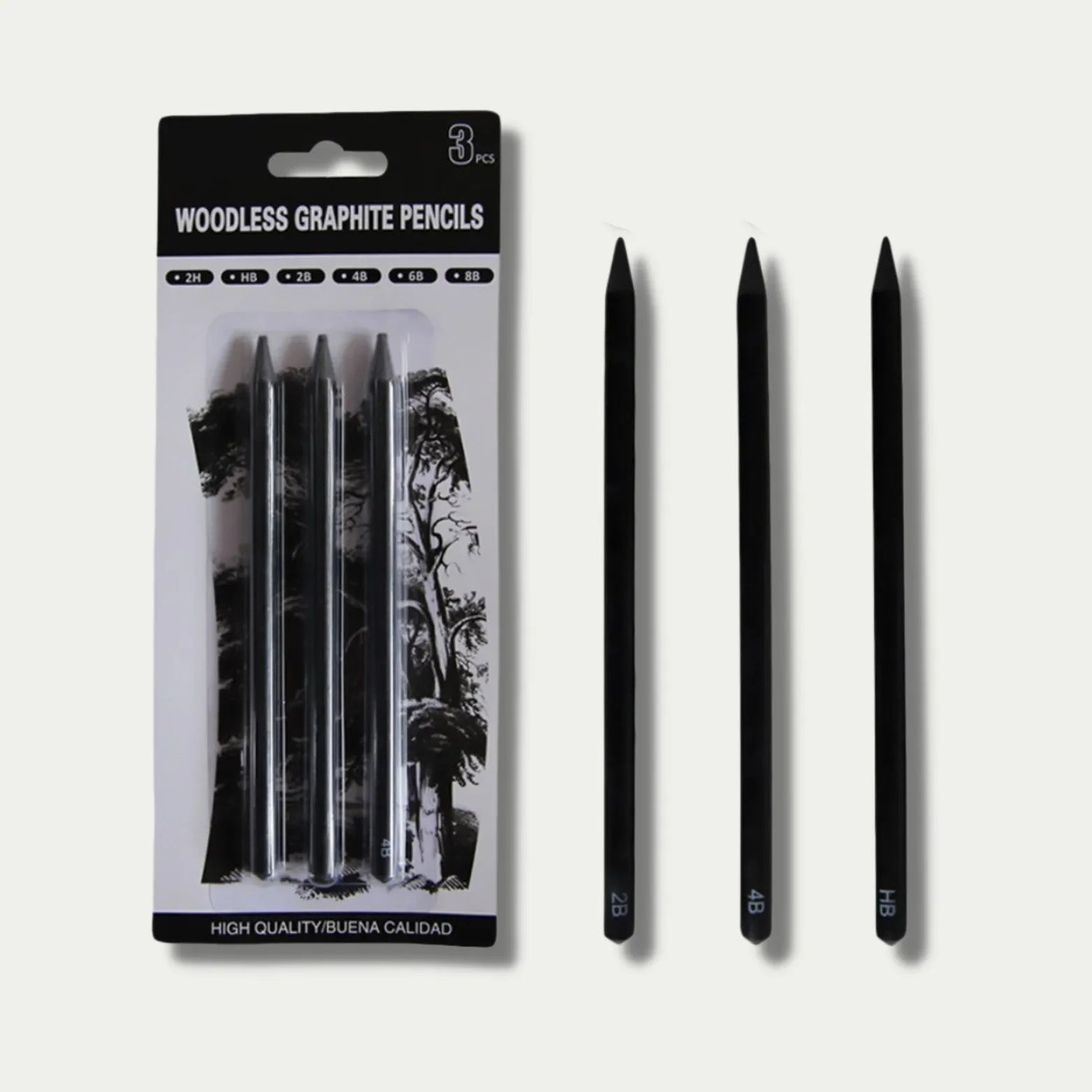 Set of six wood-free graphite sketching pencils with grades HB, 2B, 4B, 6B, 8B, EE for art drawing