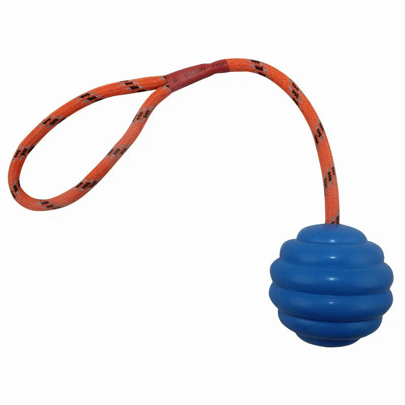 Rubber dog chew ball with knotted rope centre in multiple colours