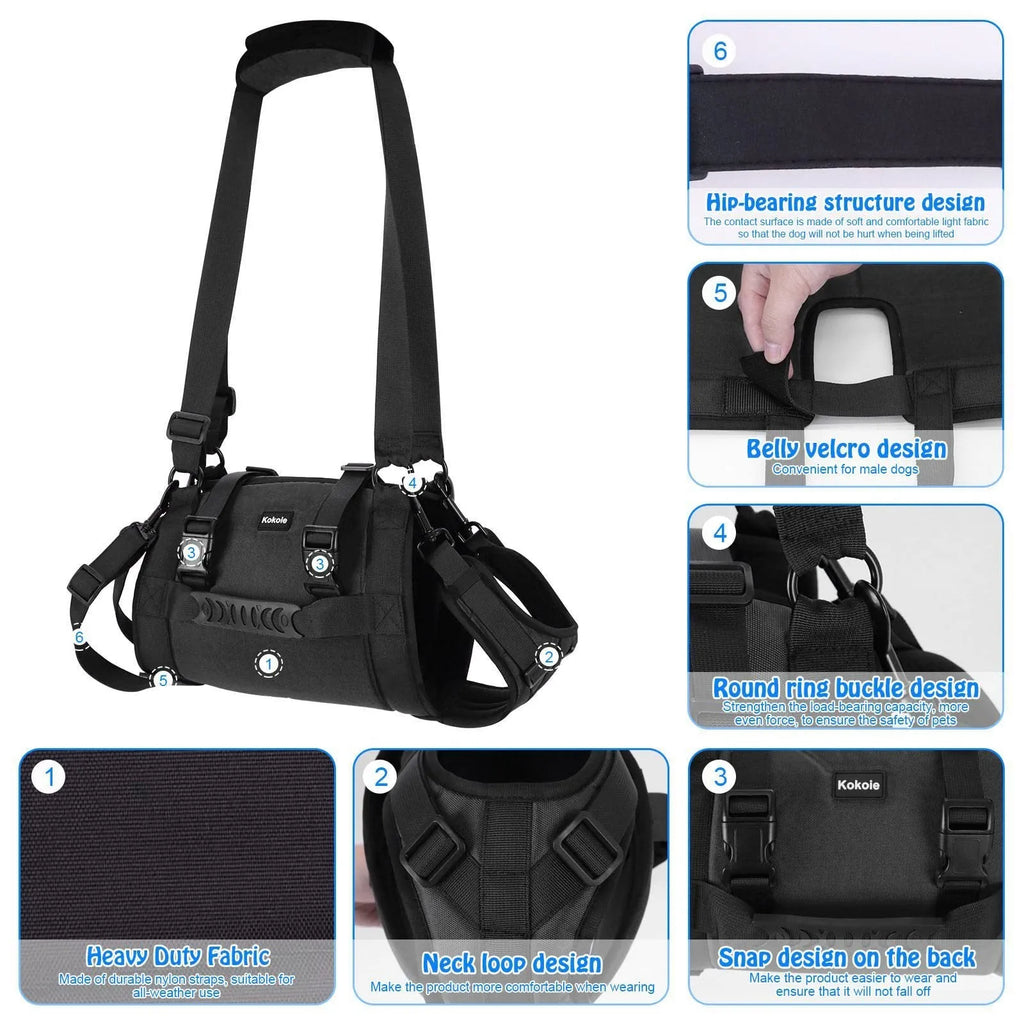 Black Oxford cloth dog rehabilitation harness with breast strap and leg support shown on dog