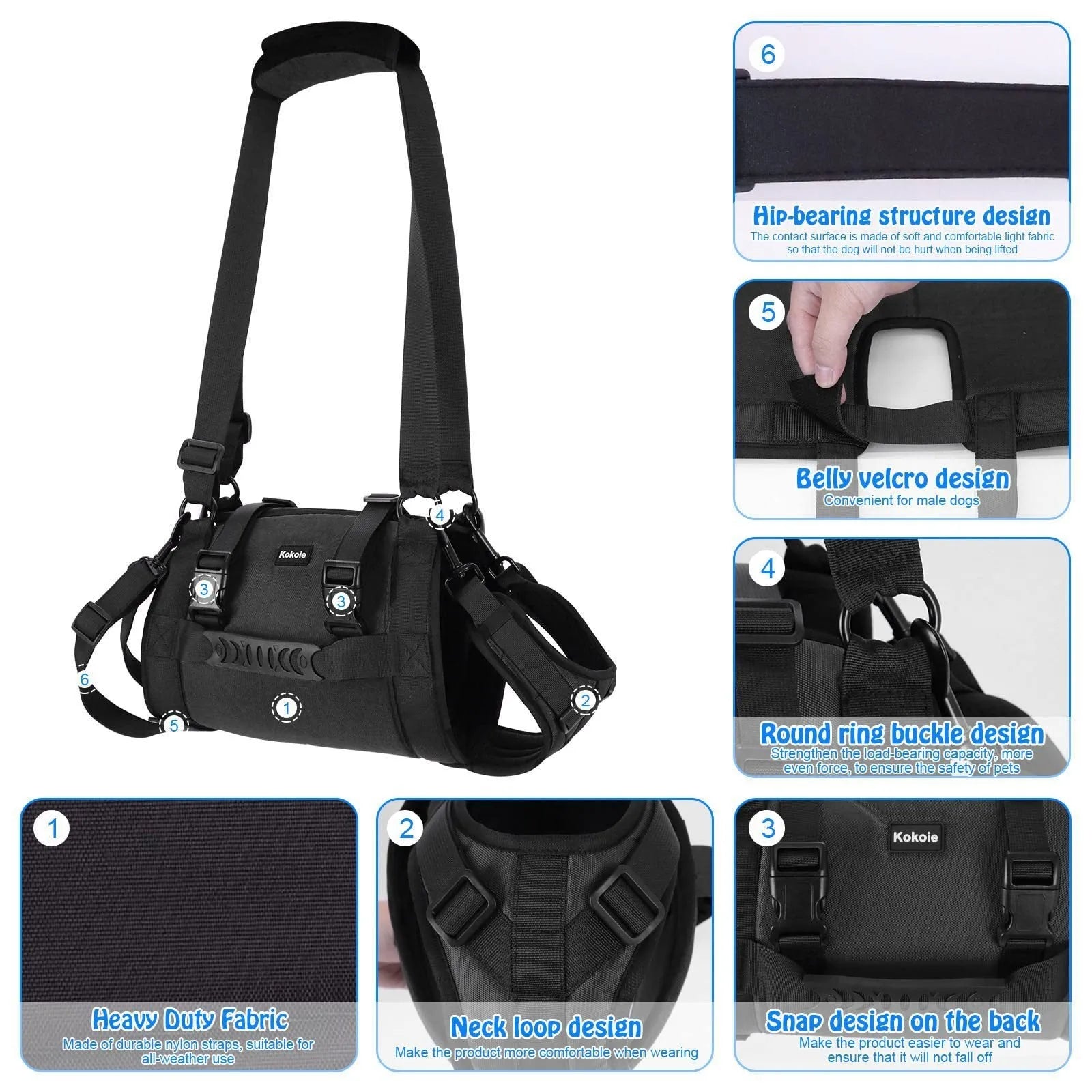Black Oxford cloth dog rehabilitation harness with breast strap and leg support shown on dog