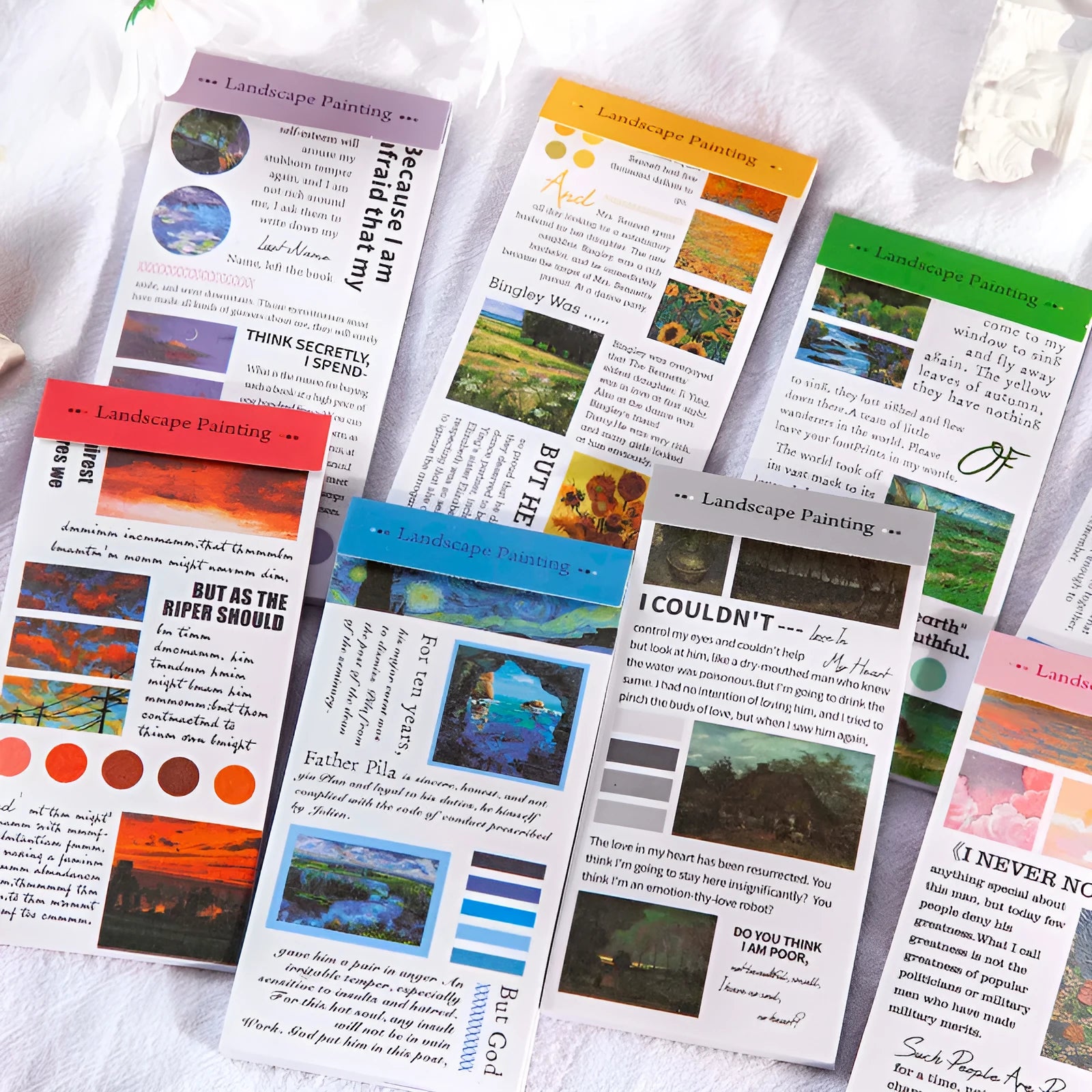 Paper sticker book with twenty 60x120mm landscape painting stickers in various colours