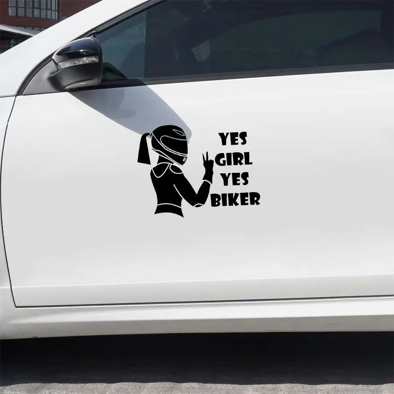Cool girl rider design car waterproof sticker in PET material measuring 16cm by 15cm