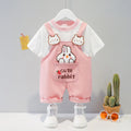 Yellow baby short-sleeved cotton overalls with cartoon print, adjustable straps, and an openable front.