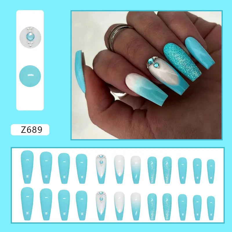 Long ballet false nails in smart blue diamond colour with adhesive glue bottle