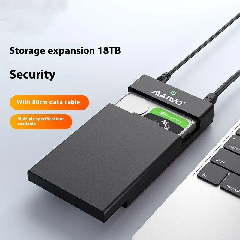 3.5 inch SATA to USB 3.0 hard disk enclosure in black and silver colour with power supply and data cable.