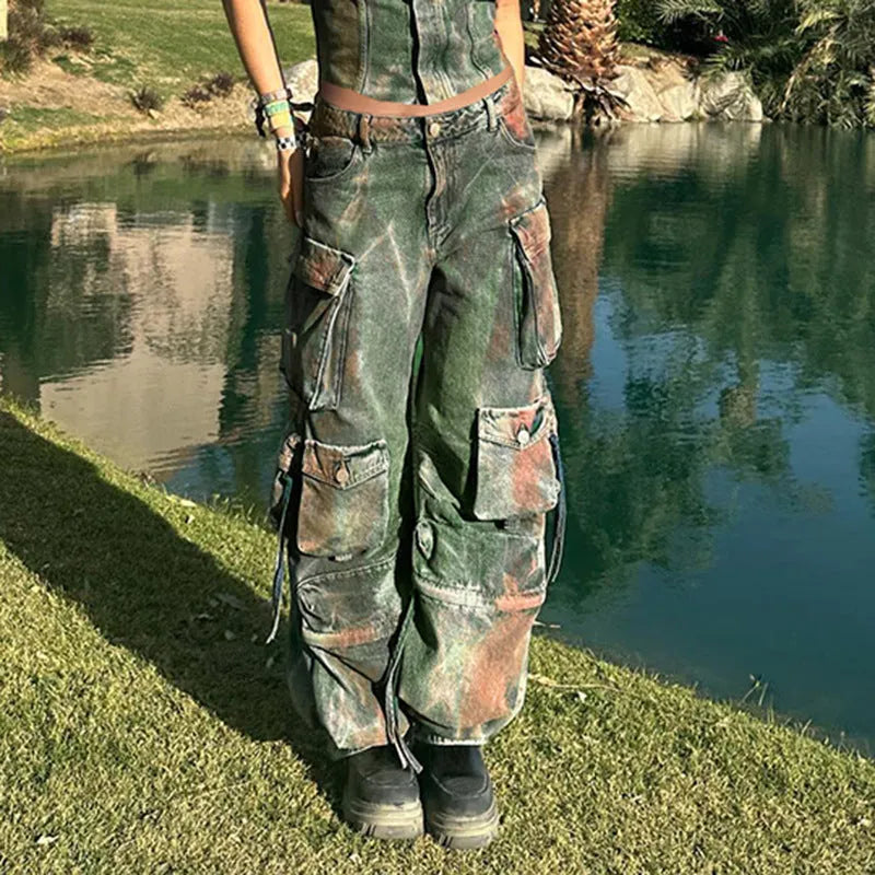 Loose cargo denim trousers with gradient colour pockets and collage stitching details