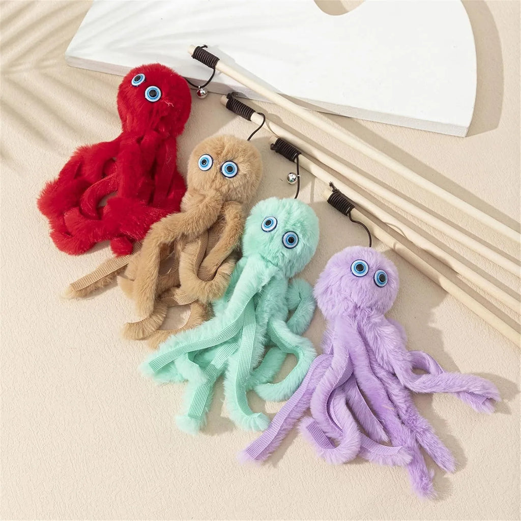 Octopus-themed furry cat toy with realistic eyes on 40cm flexible stick in pink colour