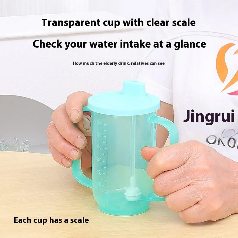 Oblique mouth anti-choke drinking cup for elderly adults with handle, lid, and optional wrist splint.