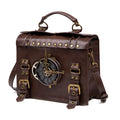 Bronze steampunk industrial retro shoulder bag with horizontal square pillow design and metal accents