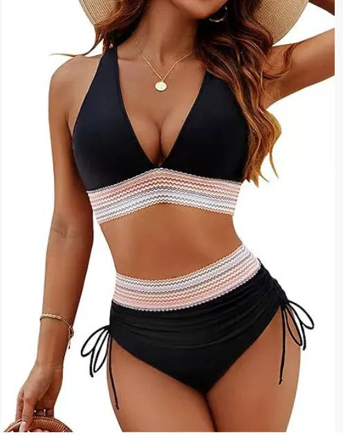 Women's high waisted bikini set with colour blocking pattern and adjustable drawstring in polyester fabric