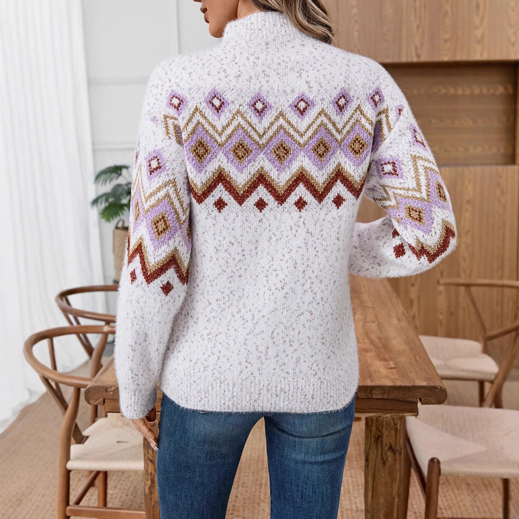 White half turtleneck sweater with geometric Jacquard pattern and loose fit