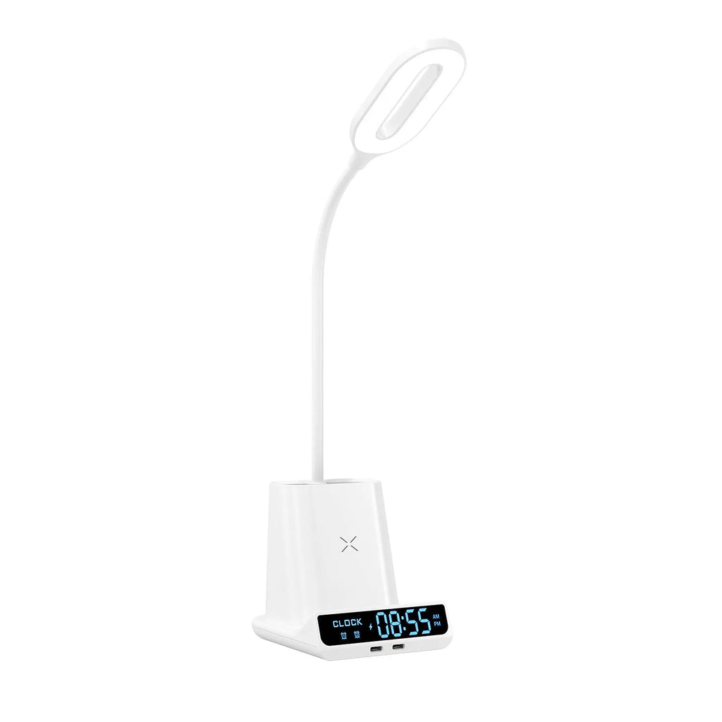 Minimalist desk lamp with wireless charging pad, pen holder and storage compartment