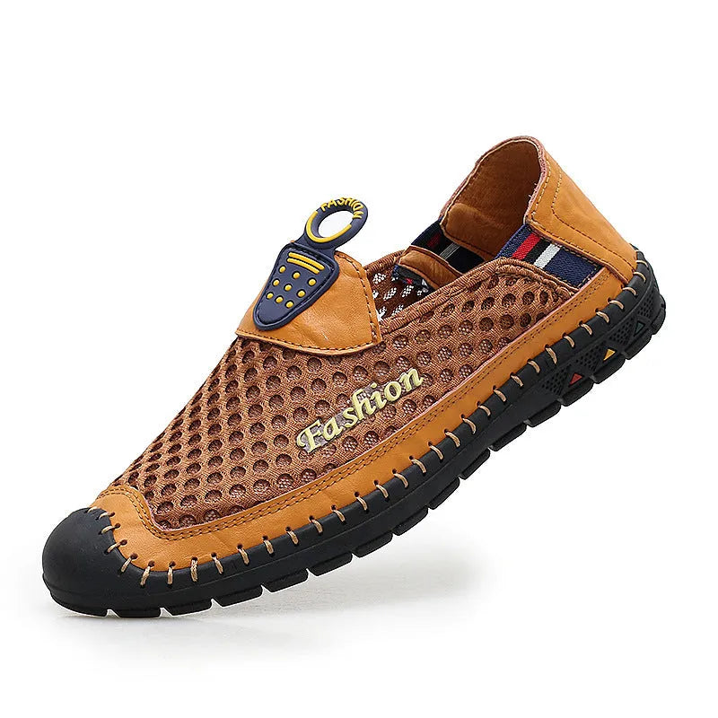 Men's brown mesh casual shoes with round toe and rubber sole