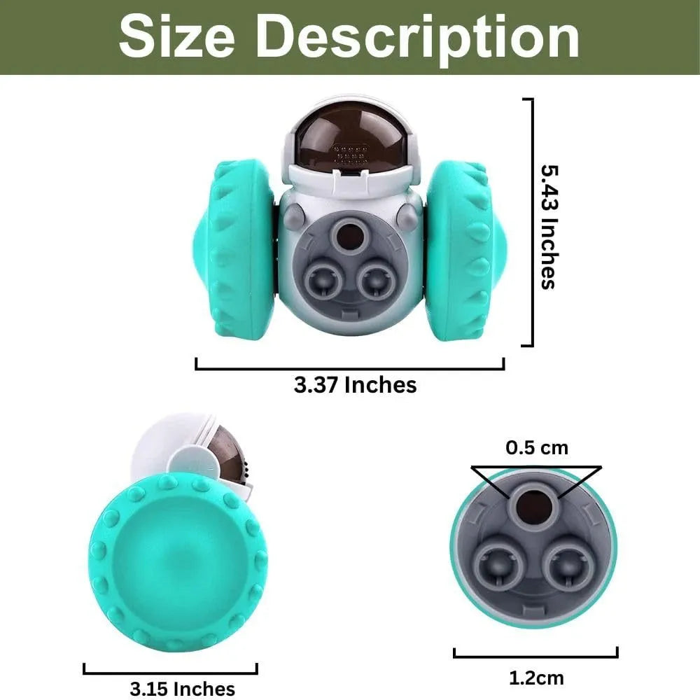 Robot-shaped treat dispenser tumbler toy for small dogs and cats in assorted colours.