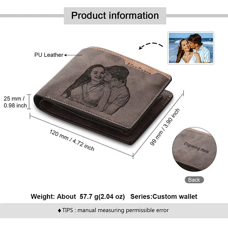 Coffee-coloured engraved horizontal short wallet showing personalised text and seven card slots